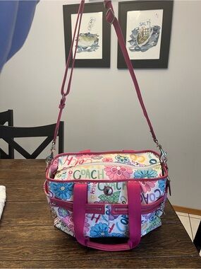 Coach Multicolor Floral Canvas Diaper Bag with Pink Accents